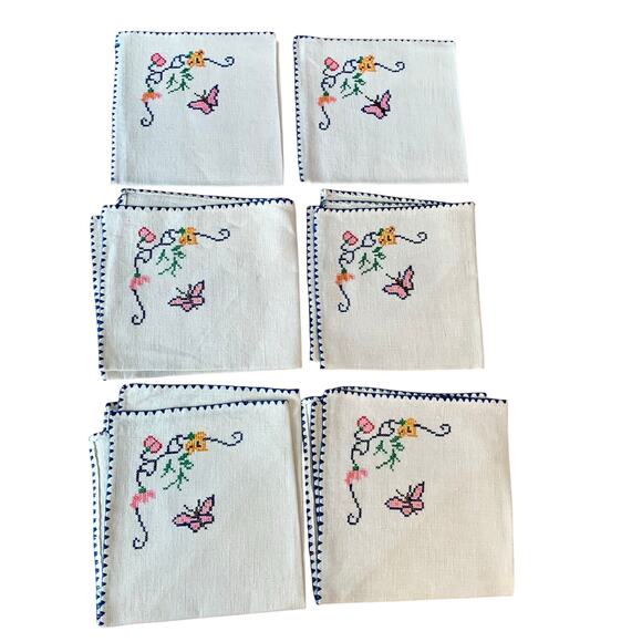 Vintage Embroidered Cross Stitch Butterfly 6 Linen Blend Napkins Granny Chic - Picture 1 of 7
